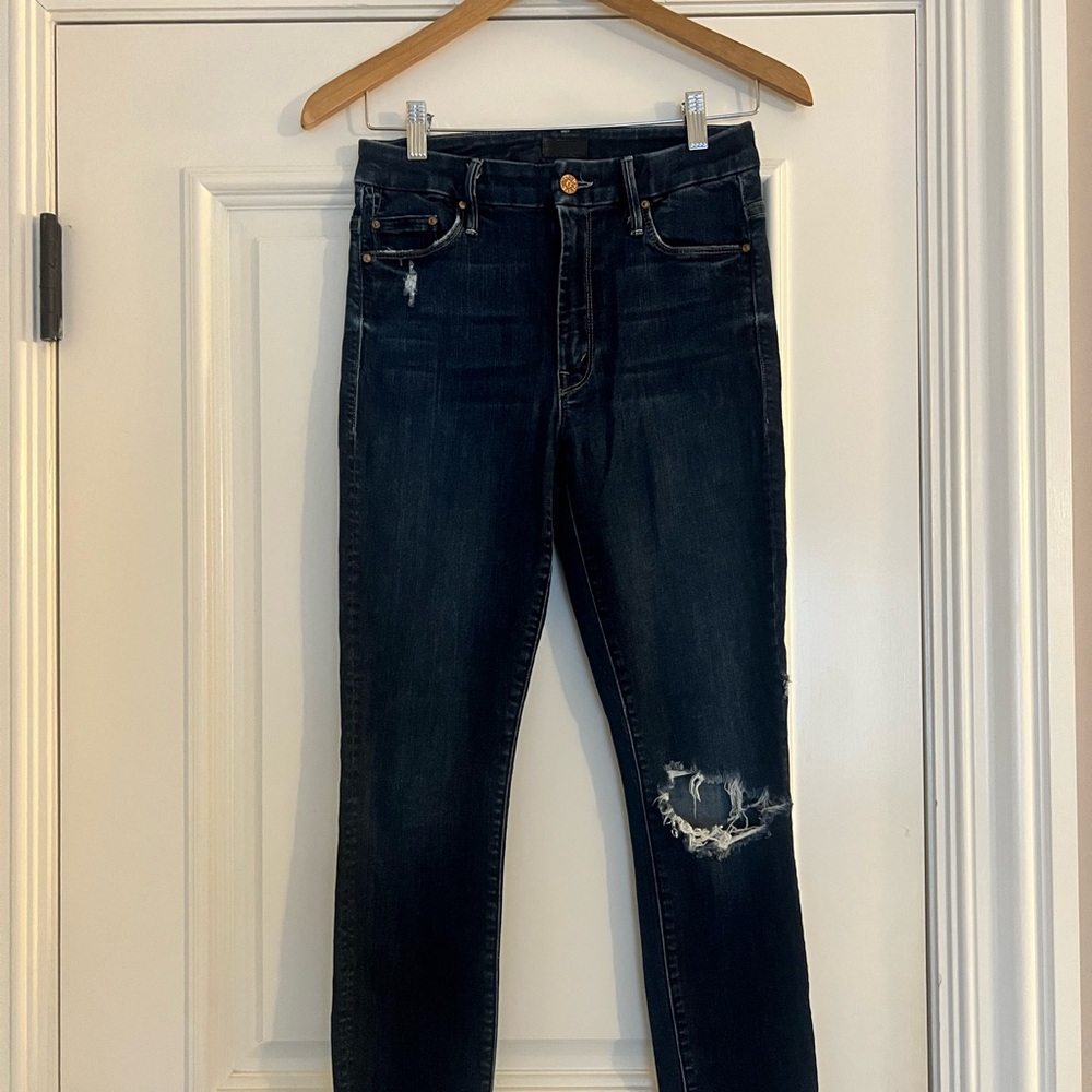 MOTHER Dark Blue Distressed Skinny Jeans